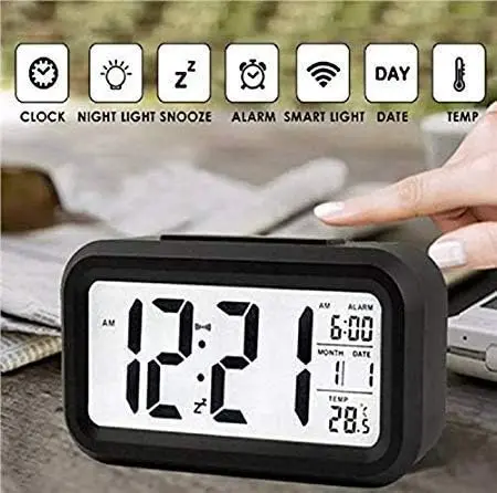 Digital Alarm Clock with Automatic Sensor, Date and Temperature Display, Table Clock for Students, Home, Office, Corporate Use (Black Digital)